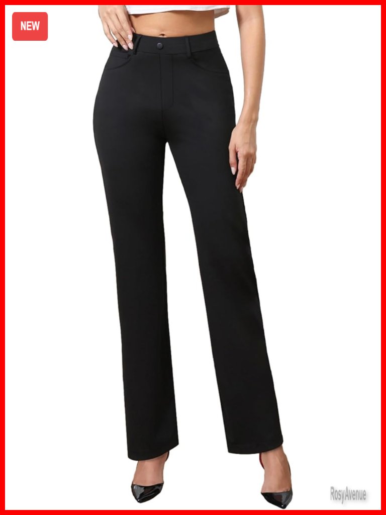 High Waisted Straight Leg Dress Pants Stretchy Pull On Work Slacks